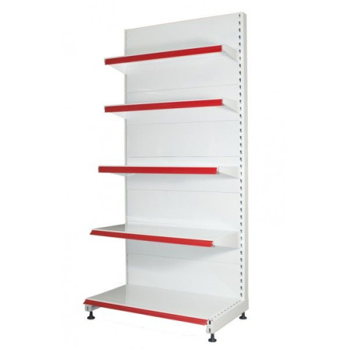 Стеллаж с полками и красными ценникодержателями